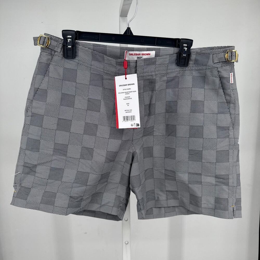Orlebar Brown 007 Goldfinger Swim Trunks Men 34 Black White Glen Check Beach NWT - Picture 1 of 4